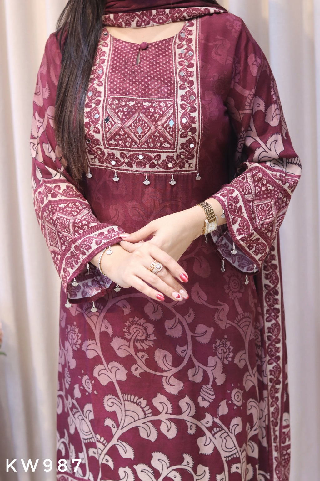 KW987 wine pure muslin premium print and neckline detail