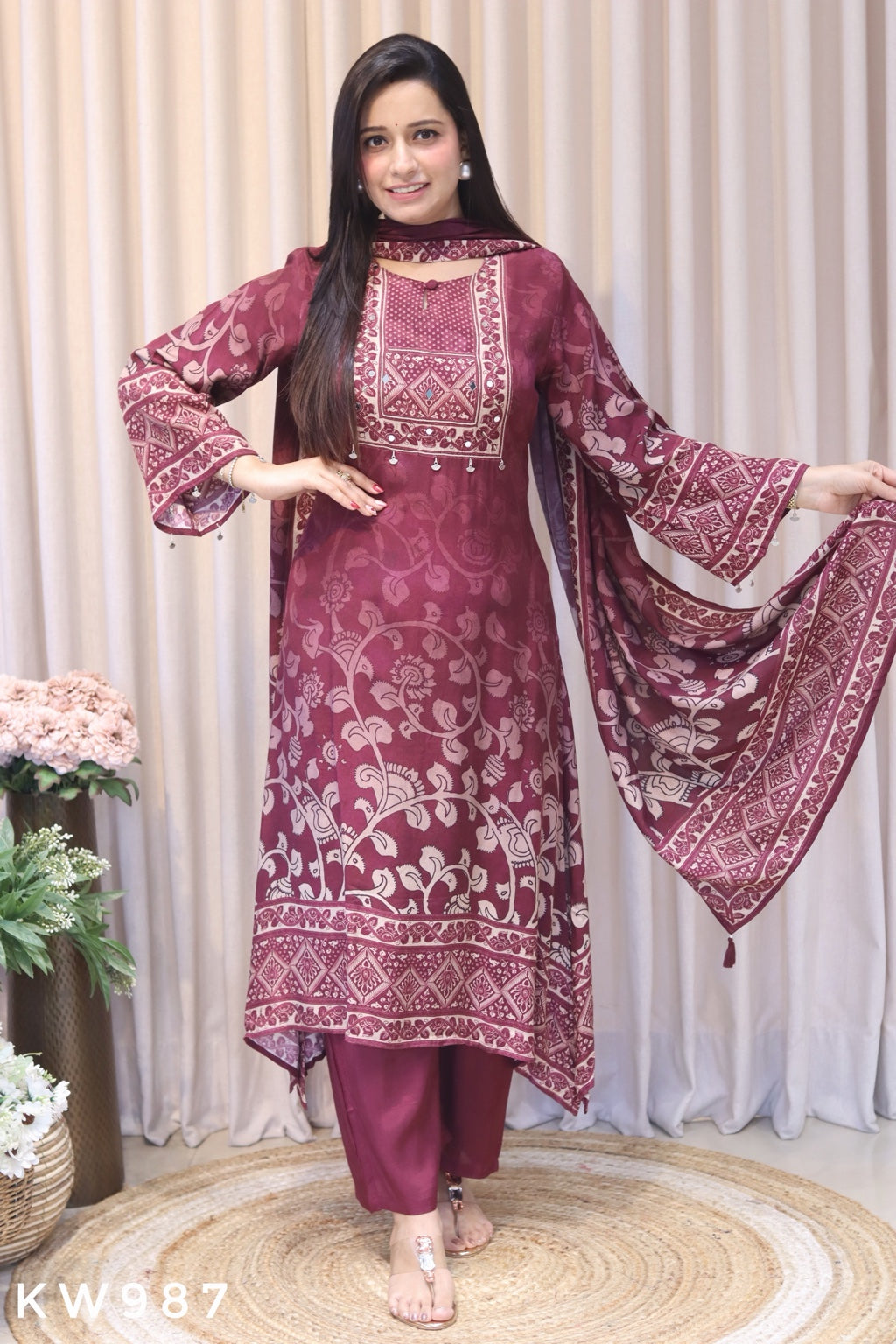 KW987 wine pure muslin A-line printed kurti pant dupatta front view