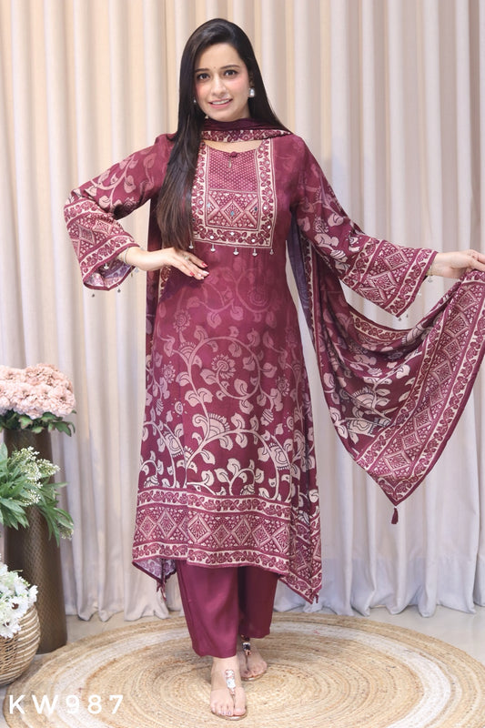 KW987 wine pure muslin A-line printed kurti pant dupatta front view