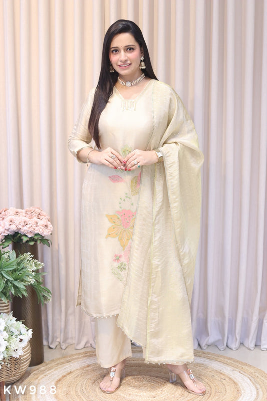 KW988 Pure Tissue Self-Weaving Kurti Set front view