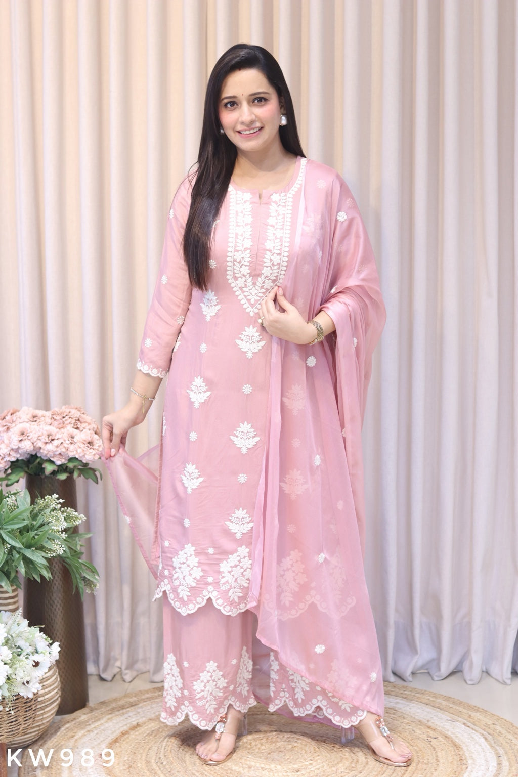 KW989 Dusty Pink Pure Muslin Chikankari Kurti Set front view