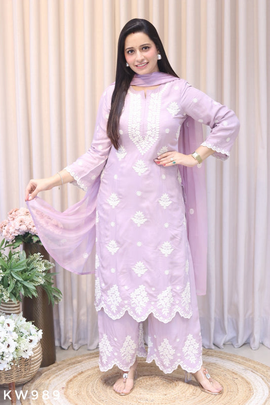 KW989 Lavender Pure Muslin Chikankari Kurti Set front view