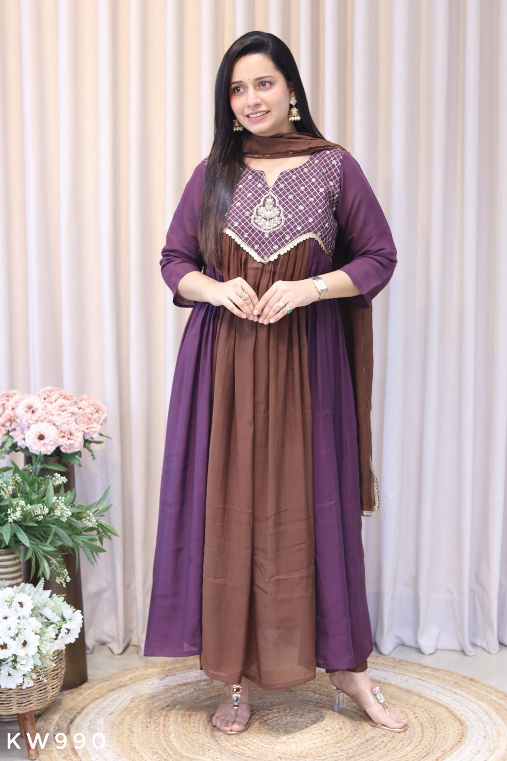 KW990 Purple Brown Mul Chanderi A-line Kurti Set front view