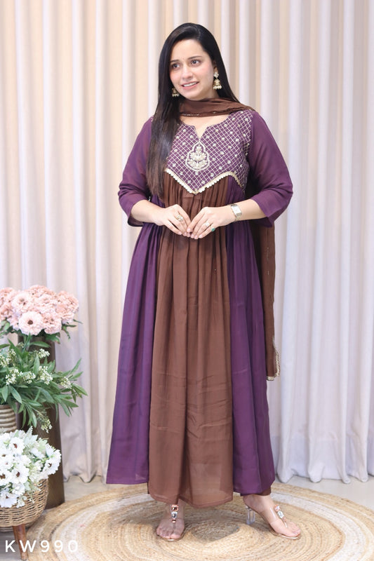 KW990 Purple Brown Mul Chanderi A-line Kurti Set front view