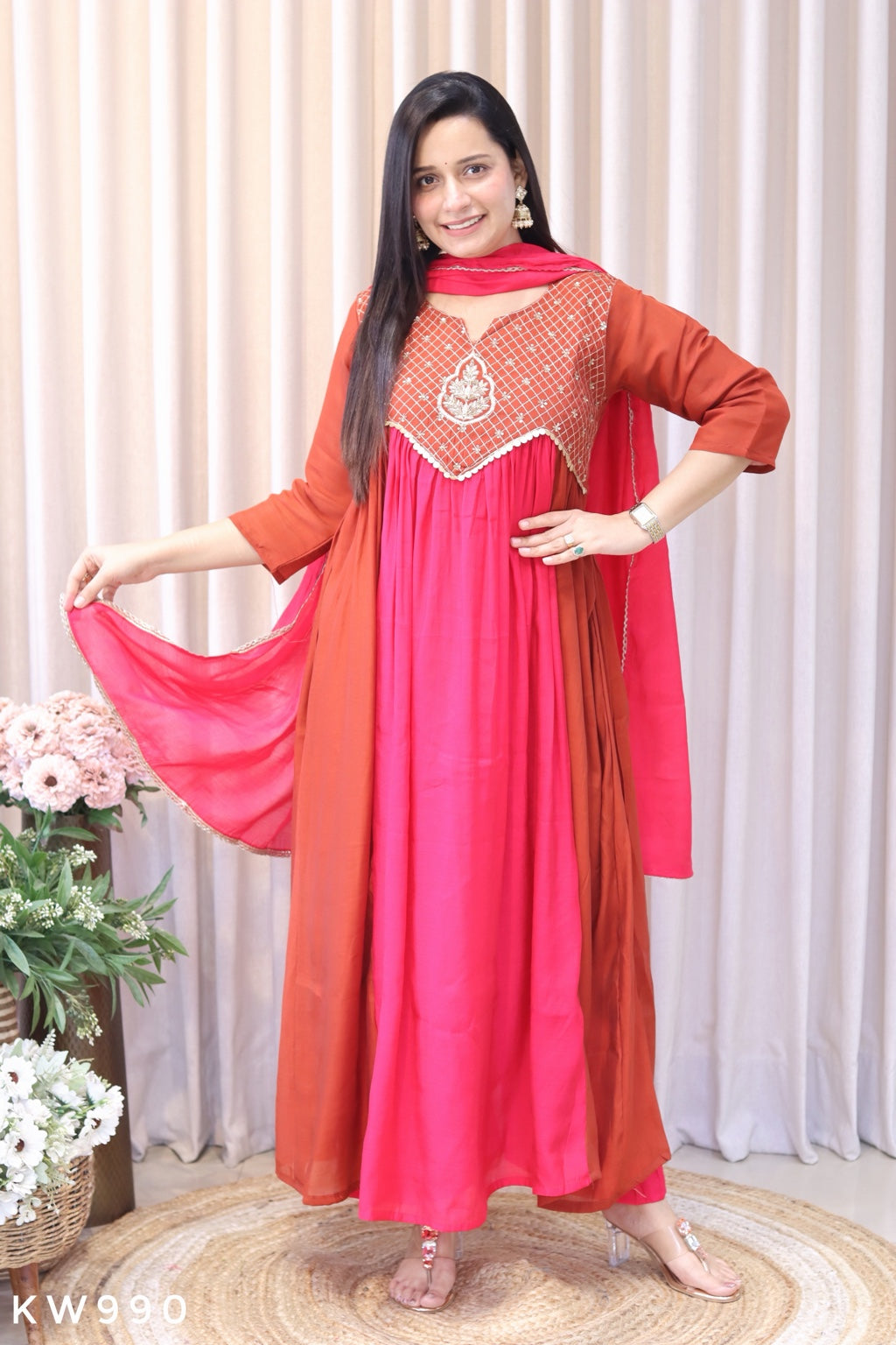 KW990 Rust Pink Mul Chanderi A-line Kurti Set front view