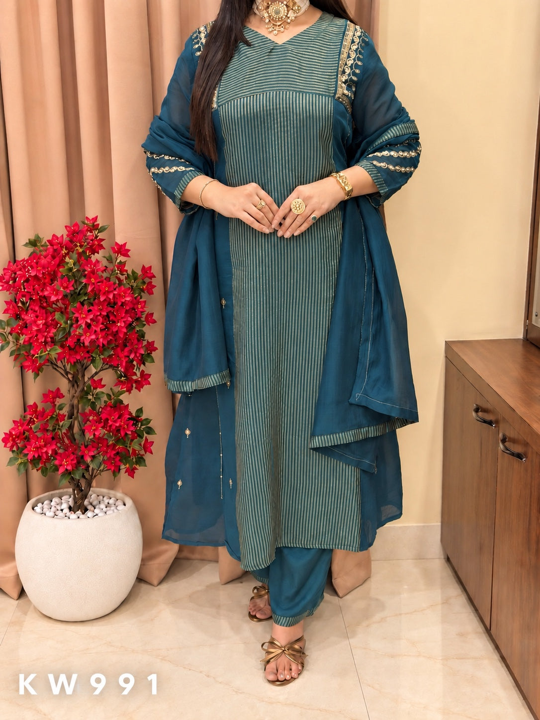 KW991 Teal Blue Pure Mul Chanderi A-line Kurti Set front view