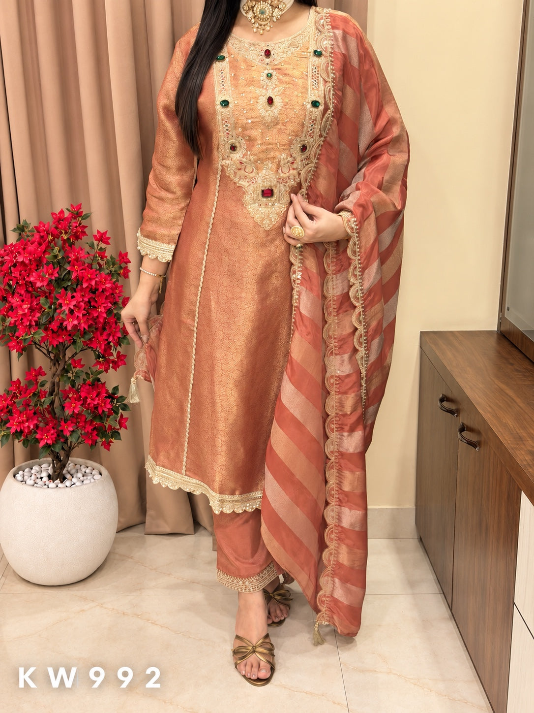 KW992 Peach Pure Banarasi Tissue Zardozi Kurti Set front view