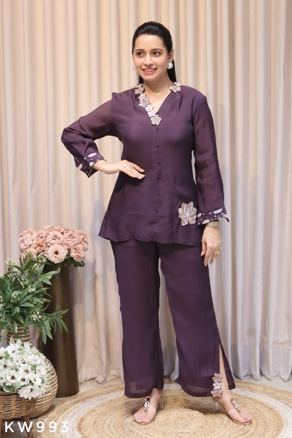 KW993 Plum Pure Silk Cutwork Designer Co-ord Set front view