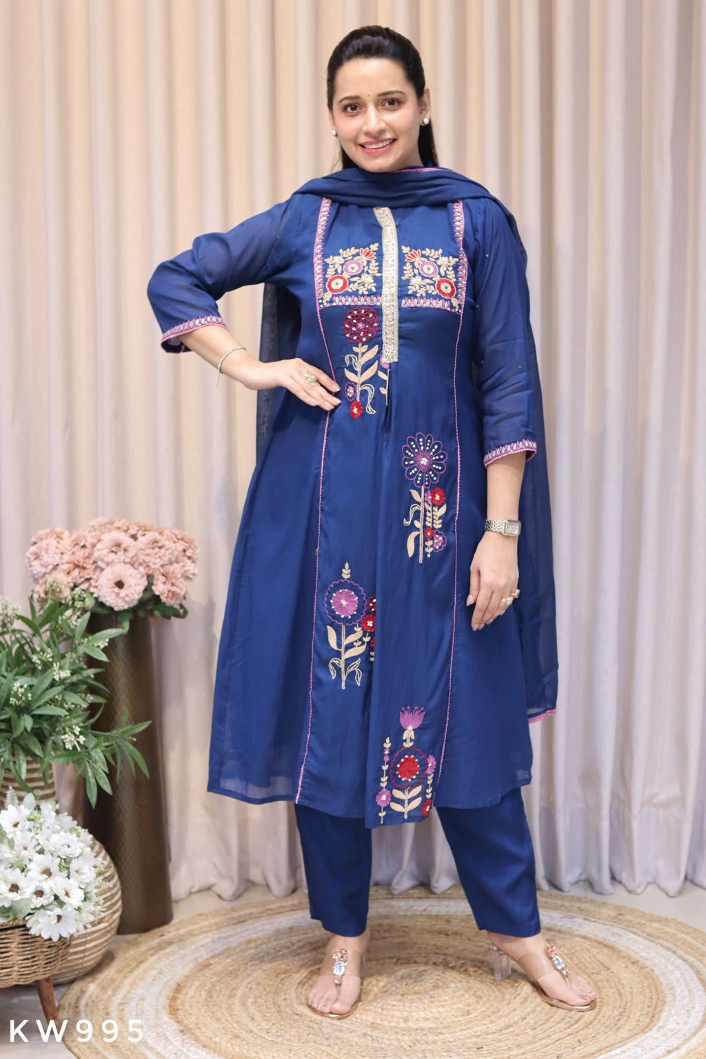 KW995 Navy Blue Pure Mul Chanderi Embroidered A-line Kurti Set front view
