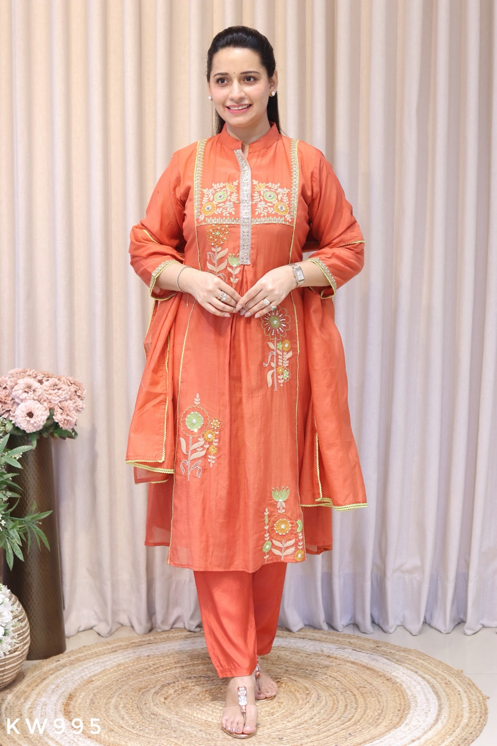 KW995 Orange Pure Mul Chanderi Embroidered A-line Kurti Set front view