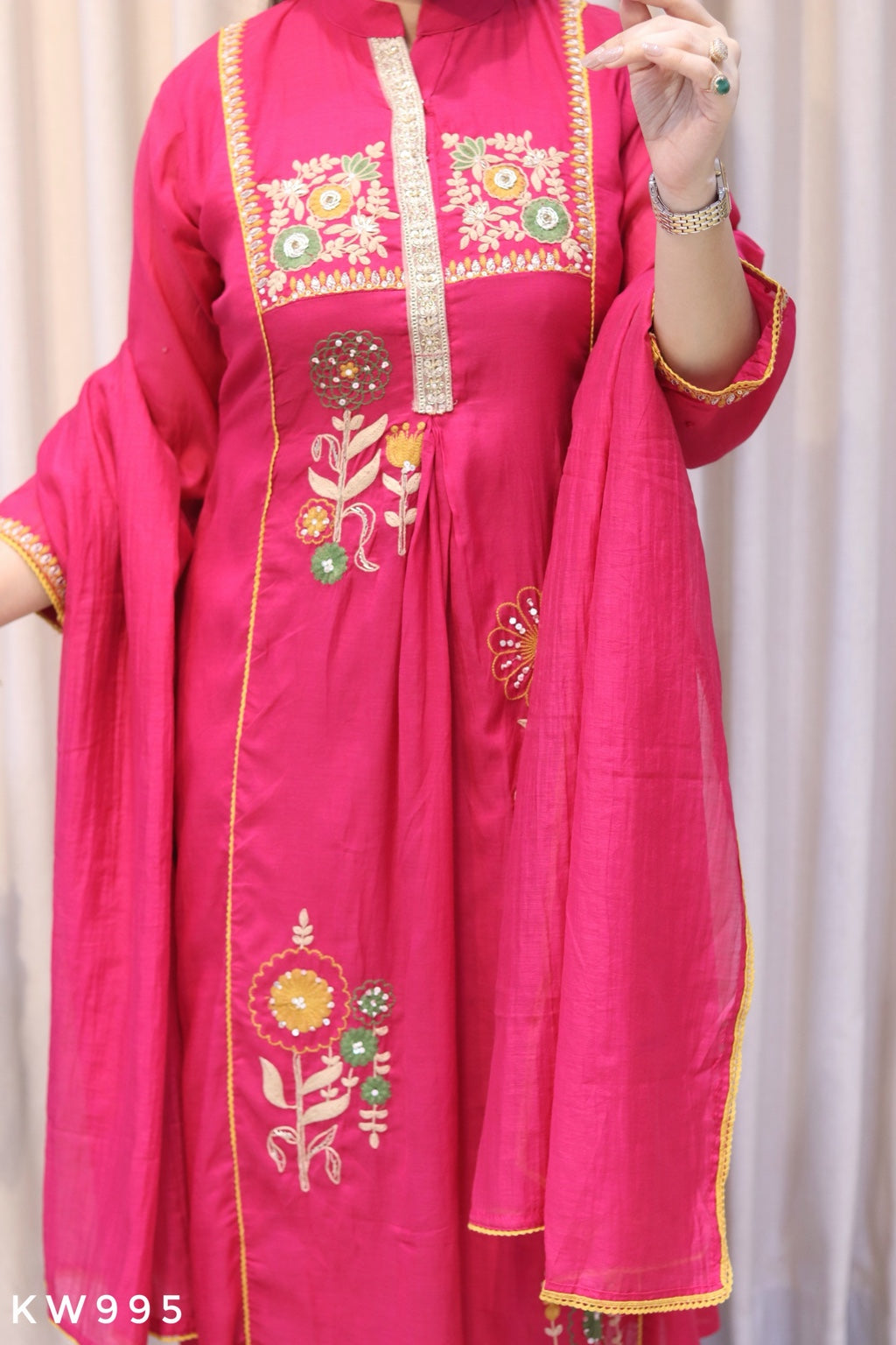 KW995 Rani Pink heavy floral embroidery detail