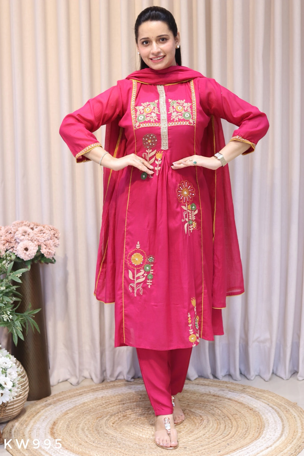 KW995 Rani Pink Pure Mul Chanderi Embroidered A-line Kurti Set front view