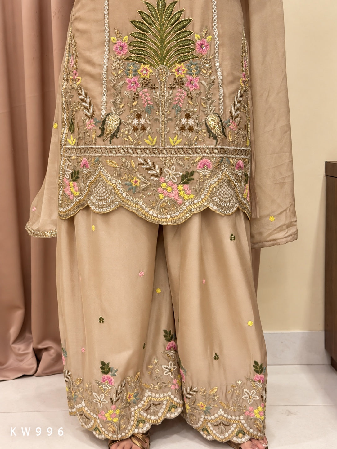 KW996 embroidered divider pant and kurti cutwork detail