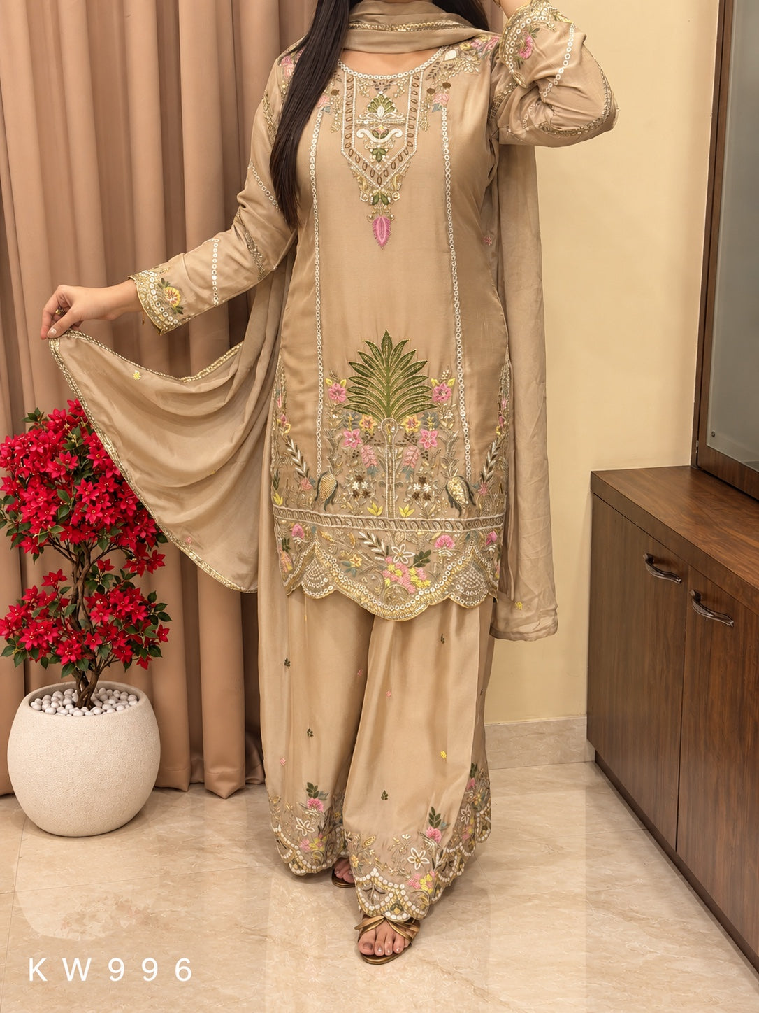 KW996 Taupe Beige Chinnon embroidered kurti divider pant dupatta set