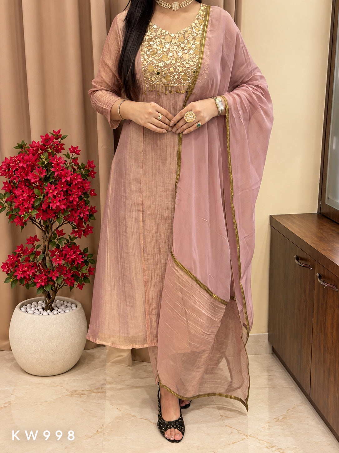 KW998 Dusty Rose Pure Salsa Tissue A-line kurti pant dupatta set