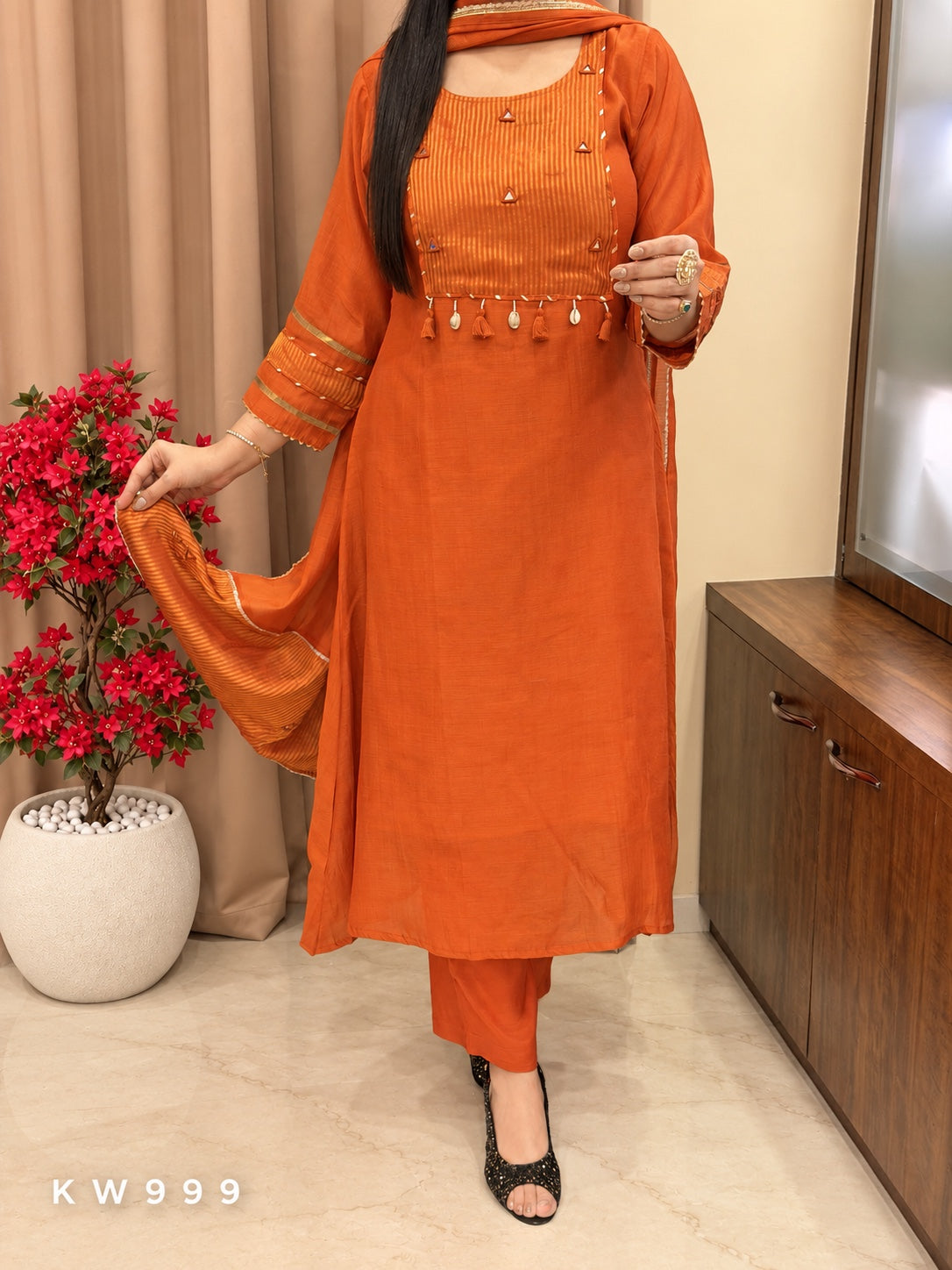 KW999 Orange Pure Mul Chanderi A-line kurti pant dupatta set
