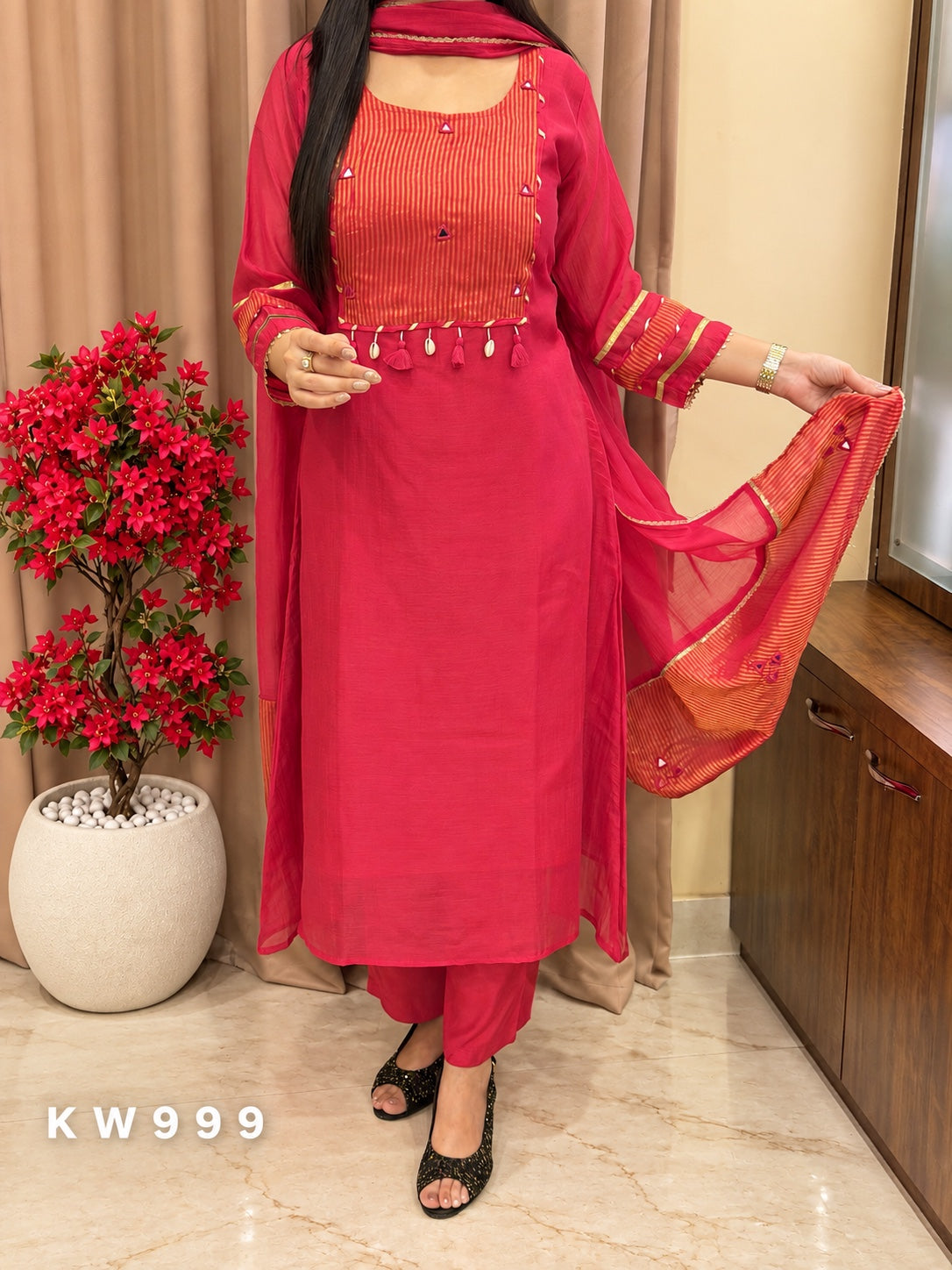 KW999 Rani Pink Pure Mul Chanderi A-line kurti pant dupatta set