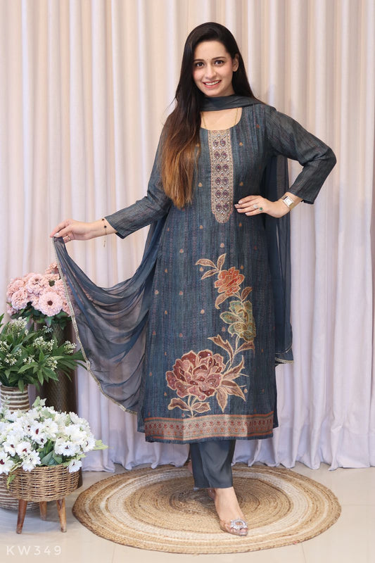 Pure Linen Silk Allover Self Weaving Kurti Set