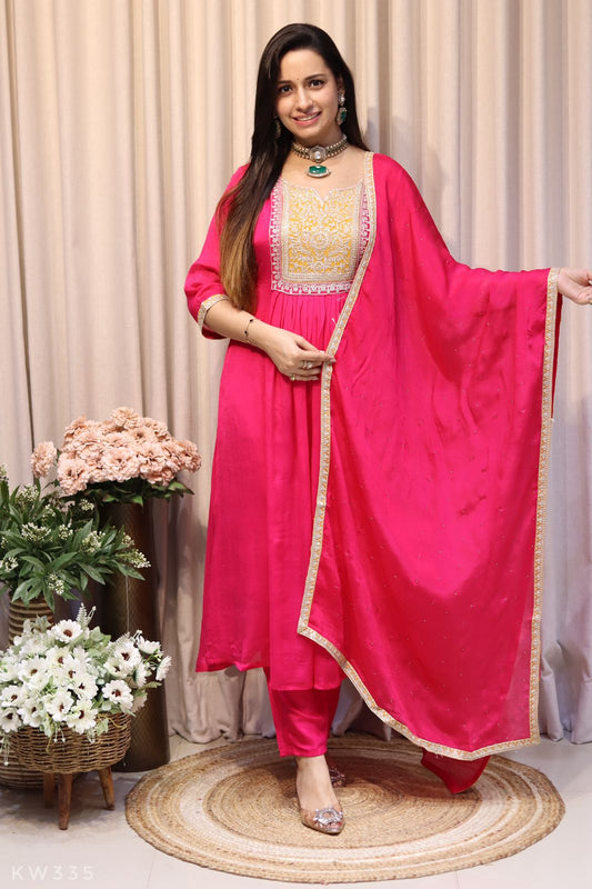 Pure Chinnon Silk Heavy Zari Peeta Work ALine Kurti Set
