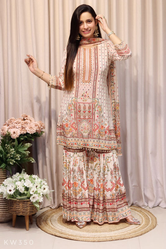 Pure Crape Silk Printed Kurti With Sharara And Dupatta
