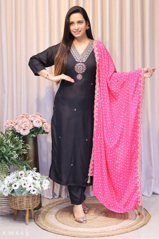 Pure Russian Silk Zari Embroidery Work Kurti Set