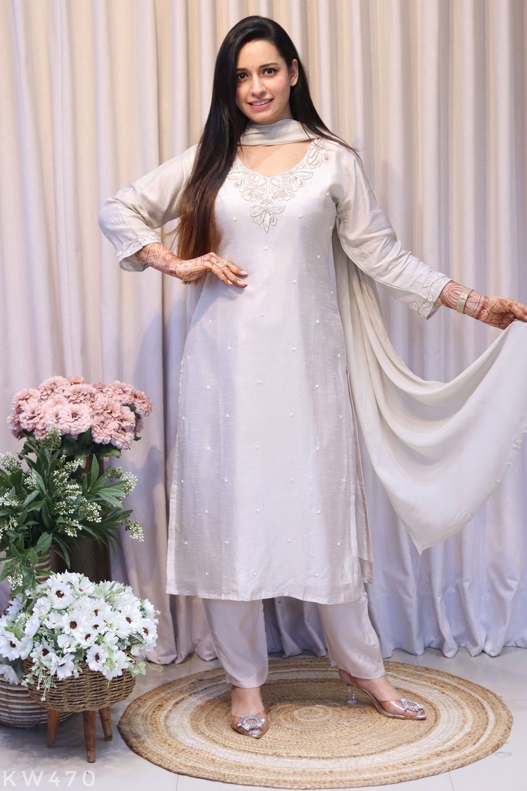 Pure Dola Silk Heavy Hand Work Kurti Pant Dupatta